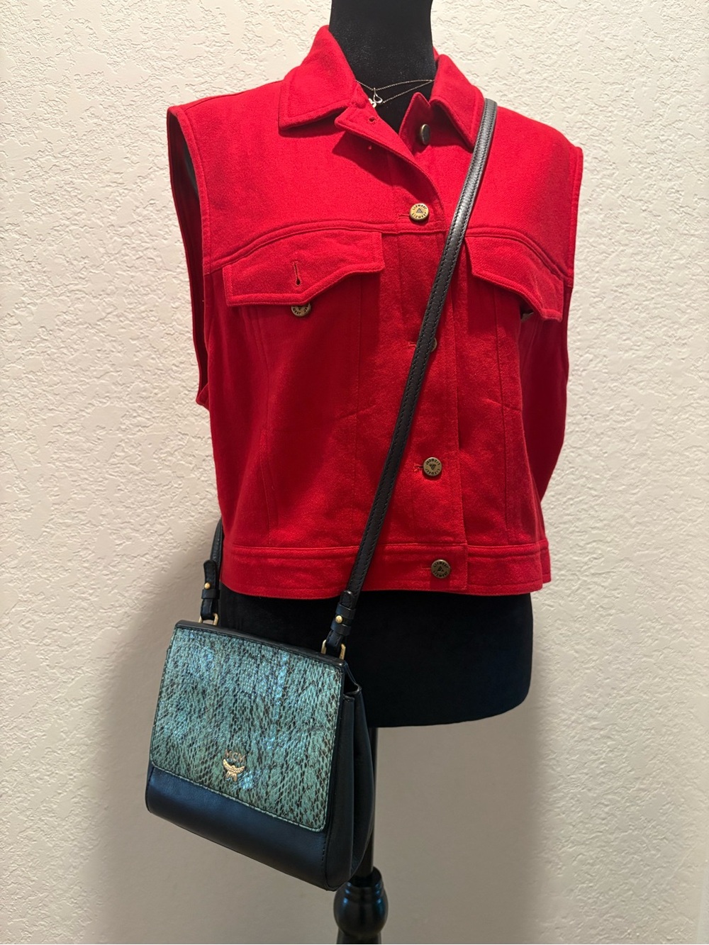 MCM Black & Teal Crossbody Bag with Python Flap